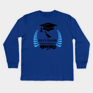 Silly Goose University - Walking Goose Black Design With Blue Details Kids Long Sleeve T-Shirt